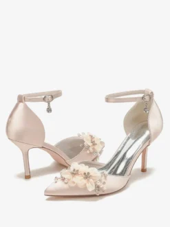 Chaussures De Mariage Escarpins De Mariée Fleur Bride En Satin À Bout Pointu