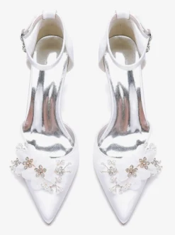 Chaussures De Mariage Escarpins De Mariée Fleur Bride En Satin À Bout Pointu