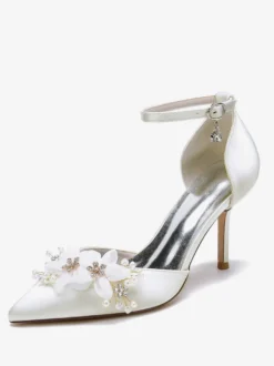 Chaussures De Mariage Escarpins De Mariée Fleur Bride En Satin À Bout Pointu