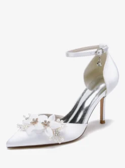 Chaussures De Mariage Escarpins De Mariée Fleur Bride En Satin À Bout Pointu