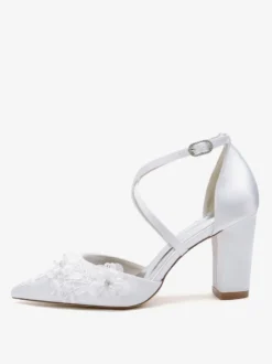 Chaussures de mariage Escarpins de mariée femme bride fleur en satin à bout pointu