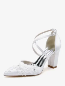 Chaussures de mariage Escarpins de mariée femme bride fleur en satin à bout pointu