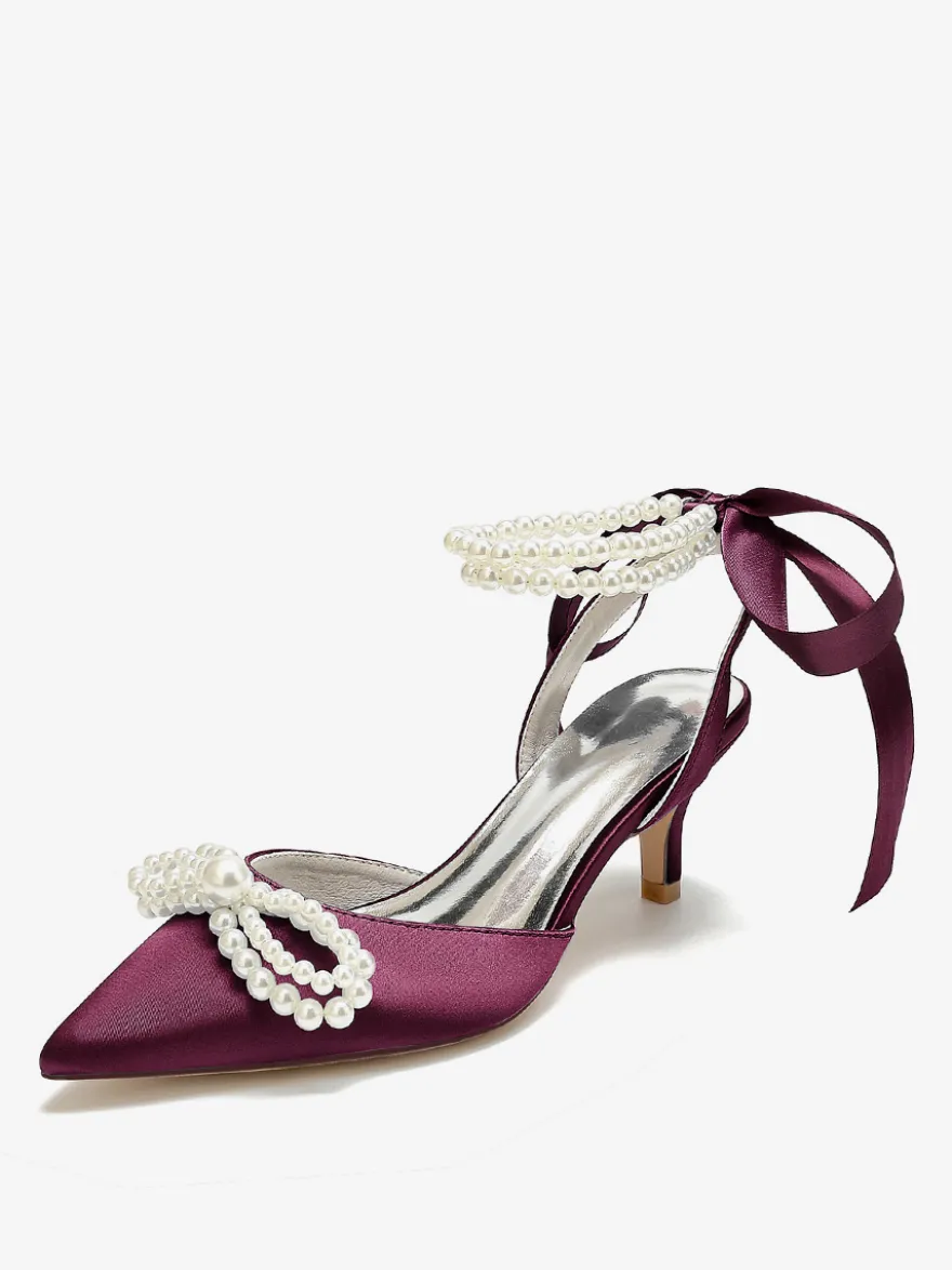 Chaussures De Mariage Femme Perle Lacet Nœud Escarpins De Mariée En Satin À Bout Pointu
