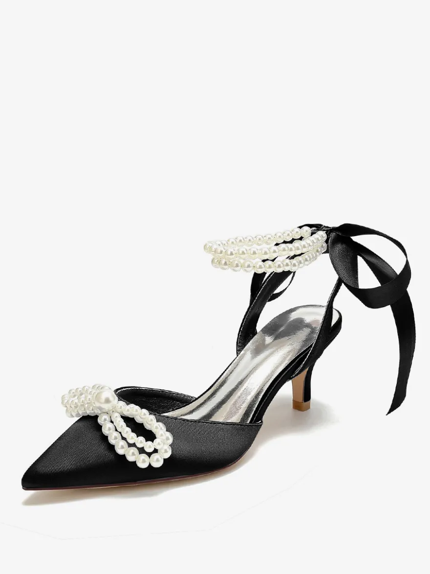 Chaussures De Mariage Femme Perle Lacet Nœud Escarpins De Mariée En Satin À Bout Pointu