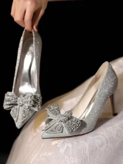 Chaussures De Mariage Nœud Femme Paillettes Argent Bout Pointu Talon Aiguille Chaussures De Soirée