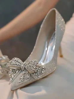 Chaussures De Mariage Nœud Femme Paillettes Argent Bout Pointu Talon Aiguille Chaussures De Soirée