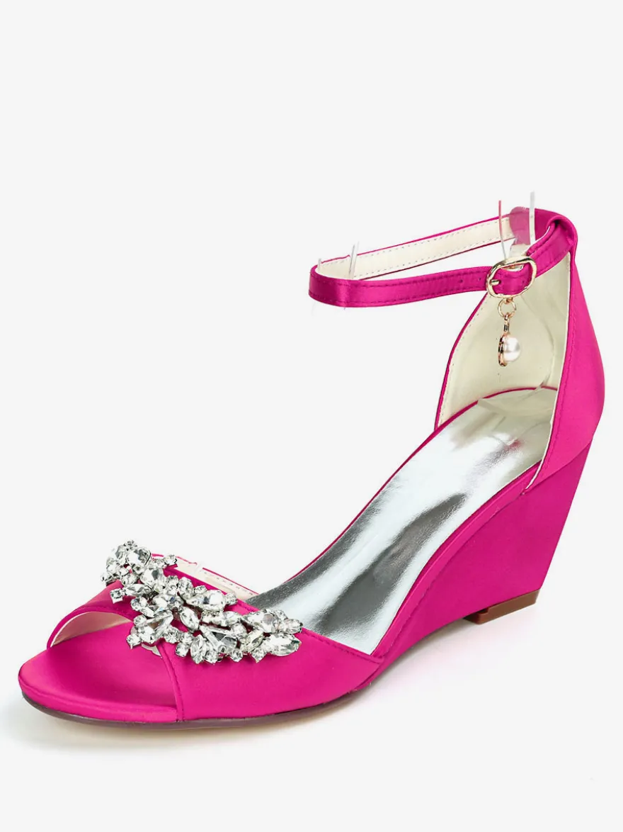Chaussures de mariage perles de satin ivoire bout ouvert bride à la cheville talon compensé chaussures de mariée