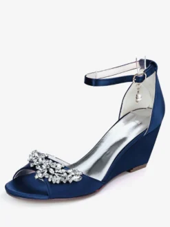 Chaussures de mariage perles de satin ivoire bout ouvert bride à la cheville talon compensé chaussures de mariée