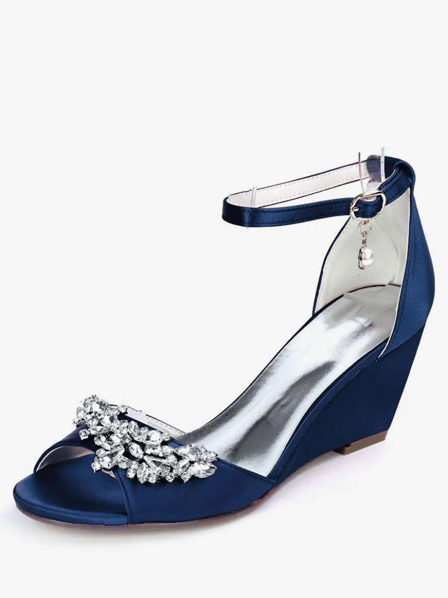Chaussures de mariage perles de satin ivoire bout ouvert bride à la cheville talon compensé chaussures de mariée