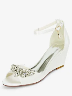 Chaussures de mariage perles de satin ivoire bout ouvert bride à la cheville talon compensé chaussures de mariée
