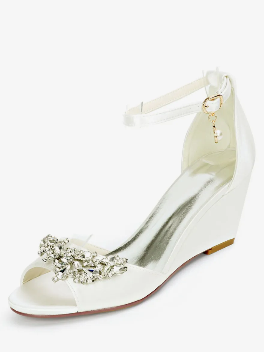 Chaussures de mariage perles de satin ivoire bout ouvert bride à la cheville talon compensé chaussures de mariée