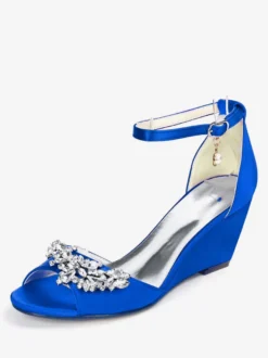 Chaussures de mariage perles de satin ivoire bout ouvert bride à la cheville talon compensé chaussures de mariée