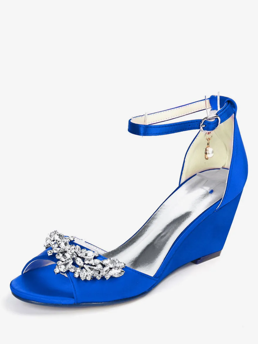 Chaussures de mariage perles de satin ivoire bout ouvert bride à la cheville talon compensé chaussures de mariée