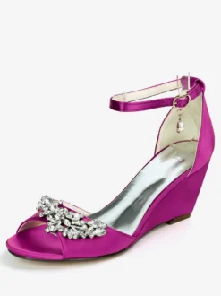 Chaussures de mariage perles de satin ivoire bout ouvert bride à la cheville talon compensé chaussures de mariée