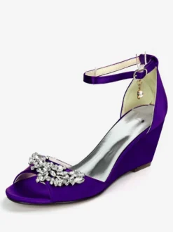 Chaussures de mariage perles de satin ivoire bout ouvert bride à la cheville talon compensé chaussures de mariée