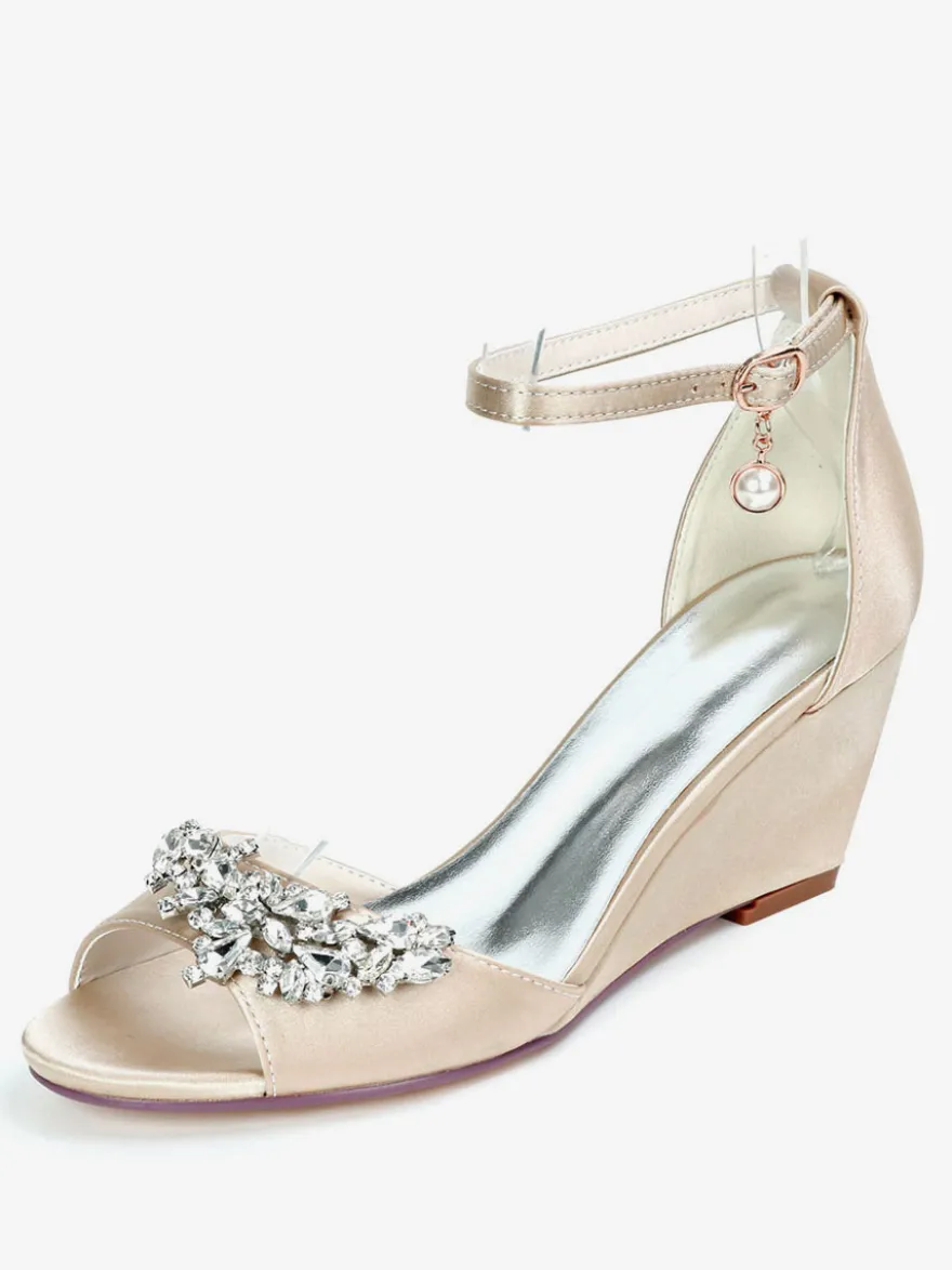Chaussures de mariage perles de satin ivoire bout ouvert bride à la cheville talon compensé chaussures de mariée