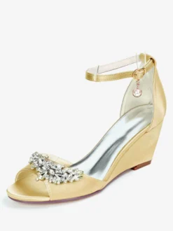 Chaussures de mariage perles de satin ivoire bout ouvert bride à la cheville talon compensé chaussures de mariée
