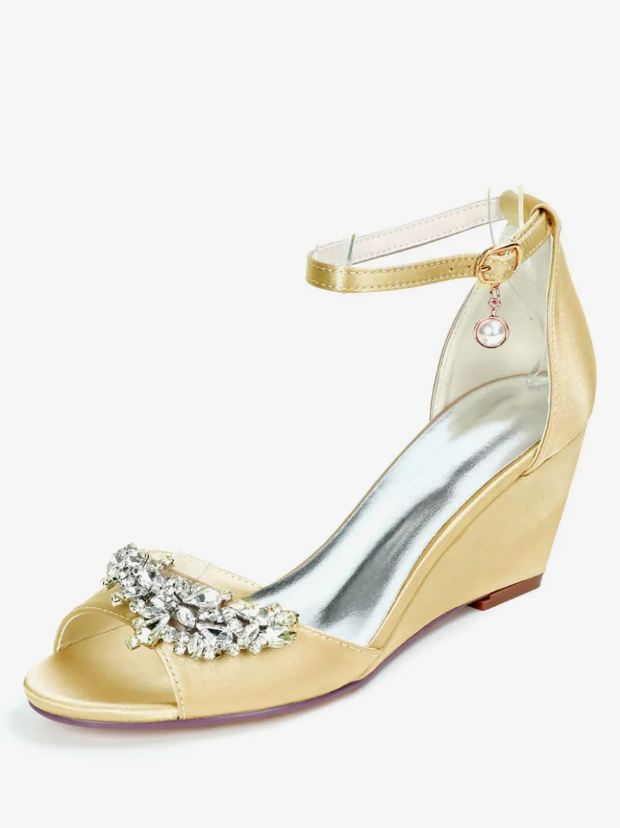 Chaussures de mariage perles de satin ivoire bout ouvert bride à la cheville talon compensé chaussures de mariée