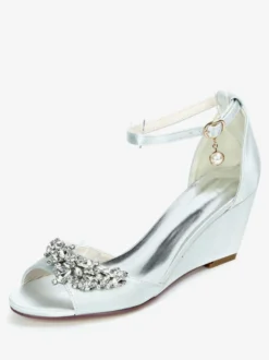 Chaussures de mariage perles de satin ivoire bout ouvert bride à la cheville talon compensé chaussures de mariée