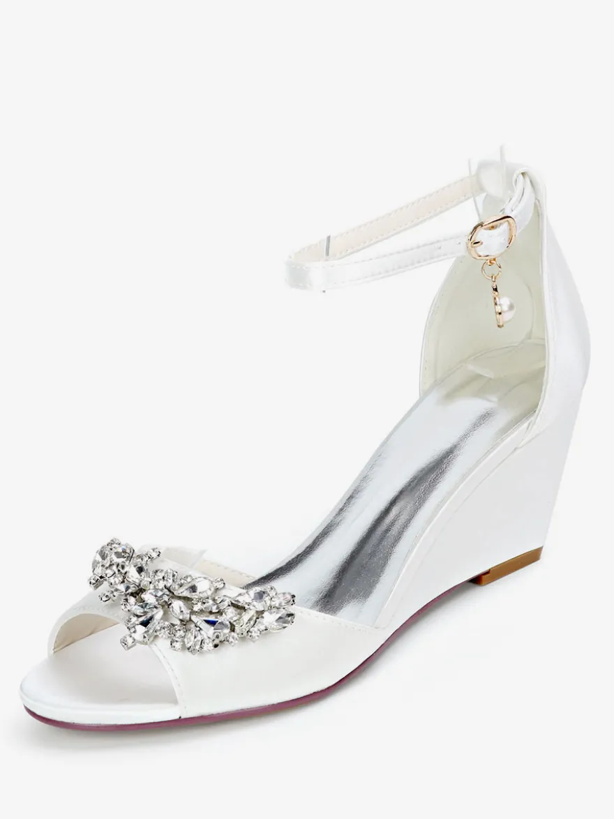 Chaussures de mariage perles de satin ivoire bout ouvert bride à la cheville talon compensé chaussures de mariée