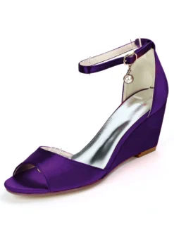Chaussures de mariage perles de satin ivoire bout ouvert bride à la cheville talon compensé chaussures de mariée