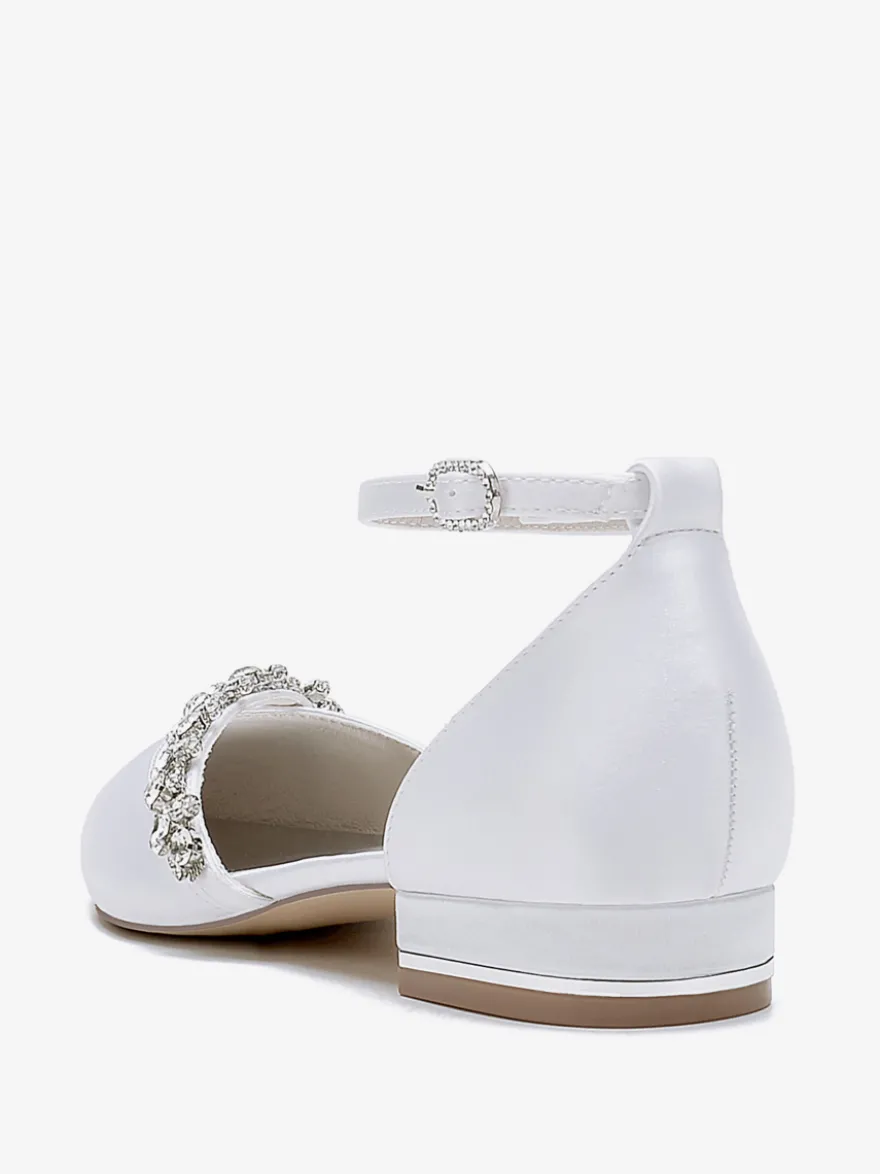 Chaussures de mariage plates en satin à bout pointu avec strass et bride à la cheville