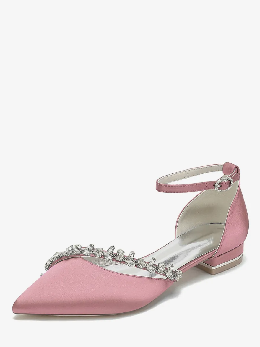 Chaussures de mariage plates en satin à bout pointu avec strass et bride à la cheville