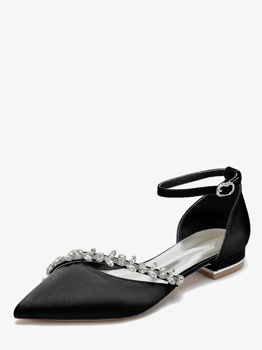 Chaussures de mariage plates en satin à bout pointu avec strass et bride à la cheville