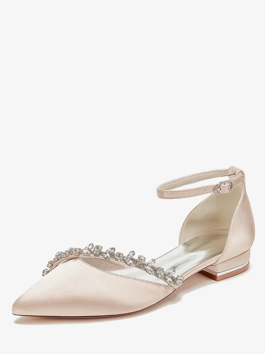 Chaussures de mariage plates en satin à bout pointu avec strass et bride à la cheville