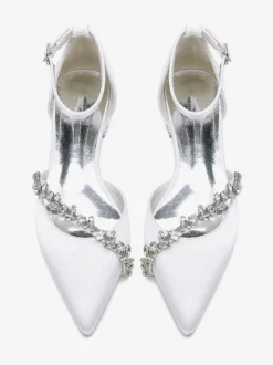 Chaussures de mariage plates en satin à bout pointu avec strass et bride à la cheville