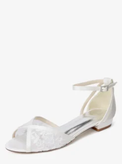 Chaussures de mariage plates en dentelle bout ouvert bride à la cheville