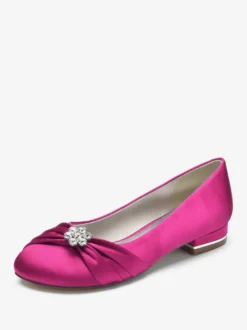 Chaussures De Mariage Pour Femmes En Satin Bleu Royal Bout Rond Strass Chaussures De Mariée Plates