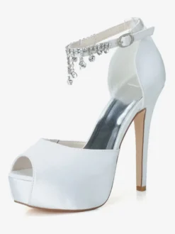 Chaussures de mariage Satin blanc Peep Toe Chaînes Talon aiguille Bride à la cheville Chaussures de mariée