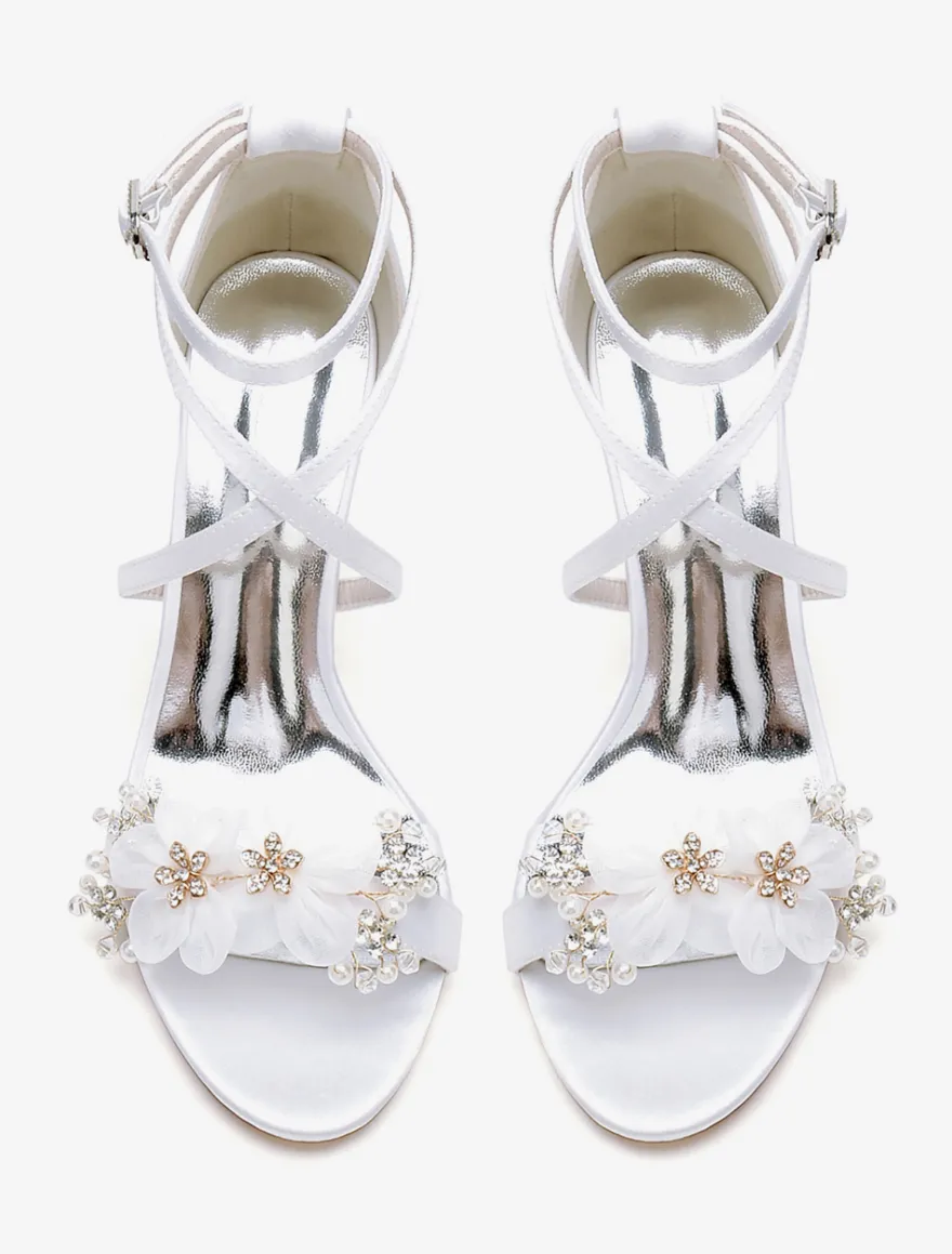 Chaussures de mariage Satin Fleurs blanches Sandales de mariage à bout ouvert