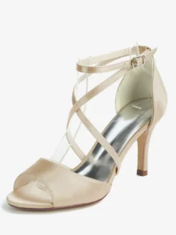 Chaussures de mariage Satin Ivoire bout ouvert talon aiguille bride à la cheville talon chaussures de mariée