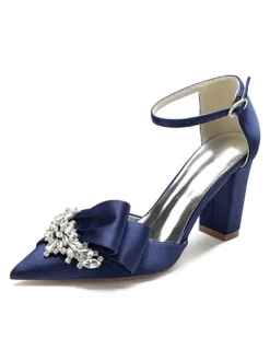Chaussures de mariage Strass Satin Bout pointu Talon épais Chaussures de mariée