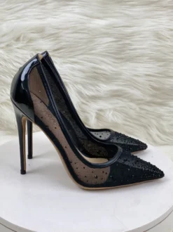 Chaussures de mariage à talons aiguilles et bout pointu en maille noire avec patchwork de strass