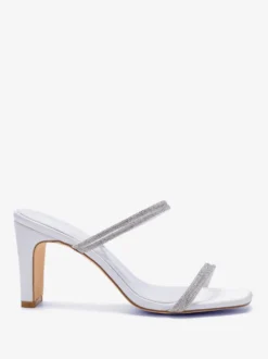 Chaussures de mariage à talons hauts blanches bout ouvert strass mules sans talon