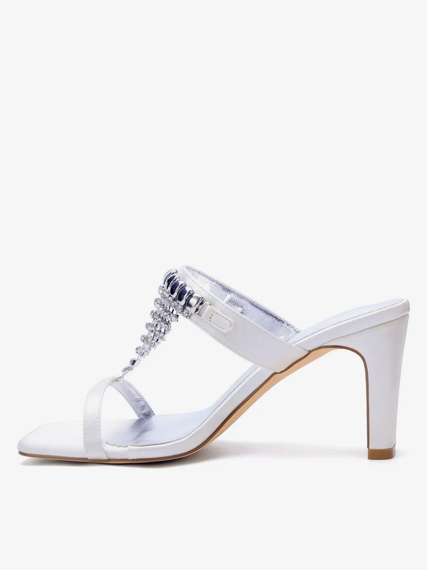 Chaussures de mariage à talons hauts en satin blanc bout ouvert ornées de strass mules de mariée