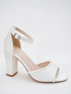 Chaussures de mariage à talons épais Chaussures de mariée à bout ouvert avec perles blanches