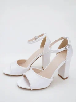 Chaussures de mariage à talons épais Chaussures de mariée à bout ouvert avec perles blanches