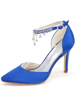 Chaussures de mariage à talons en satin unicolore avec strass ruban aux chevilles