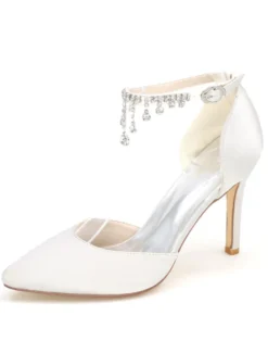 Chaussures de mariage à talons en satin unicolore avec strass ruban aux chevilles