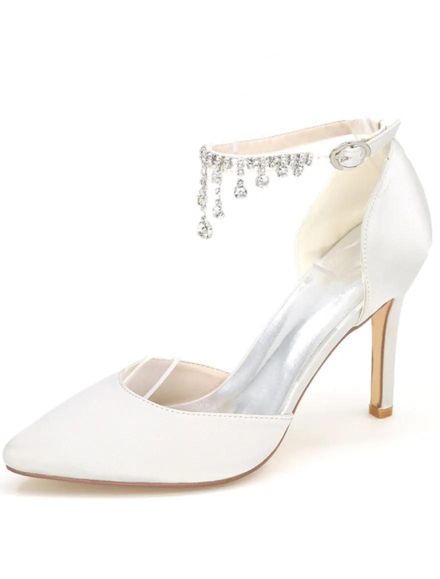 Chaussures de mariage à talons en satin unicolore avec strass ruban aux chevilles