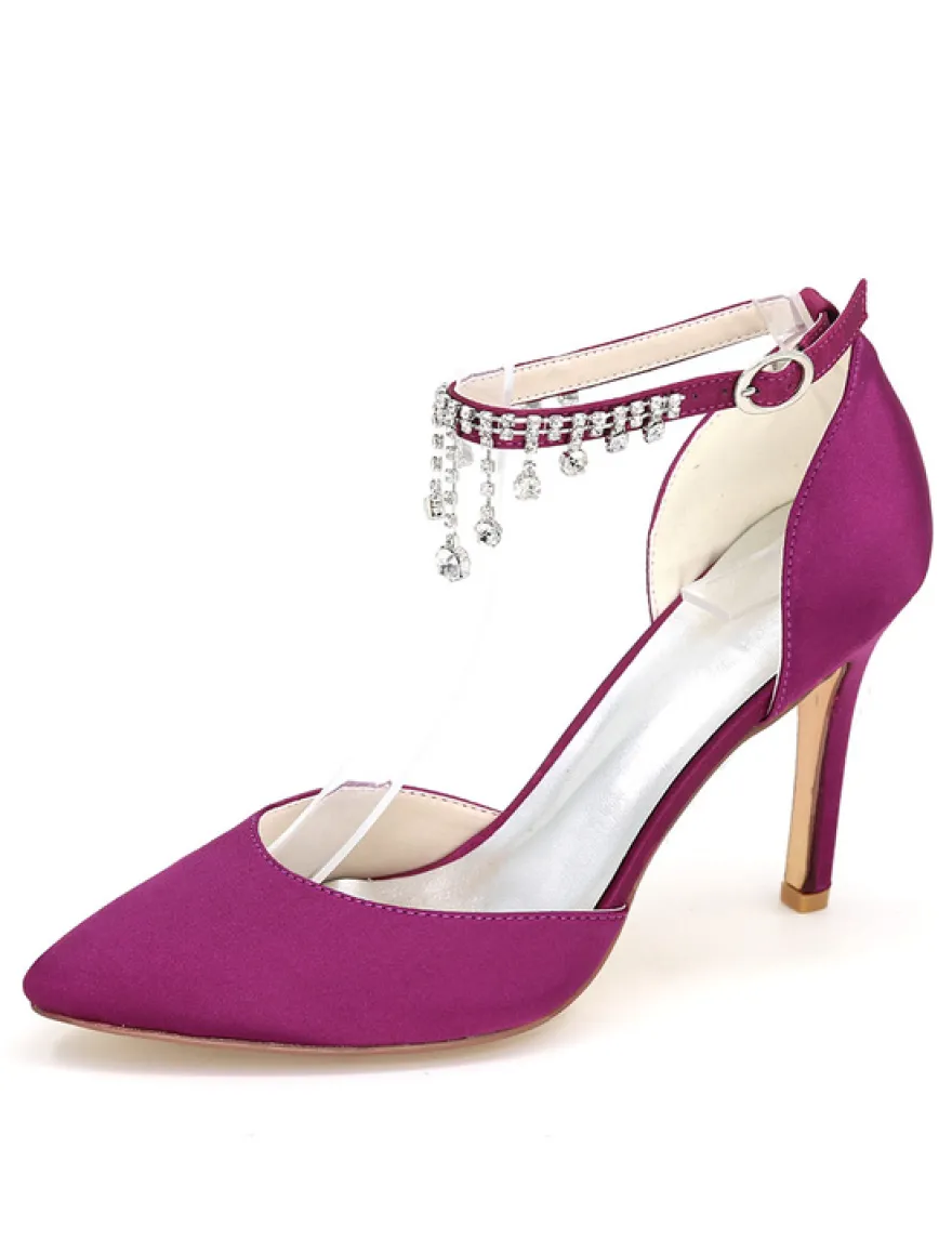 Chaussures de mariage à talons en satin unicolore avec strass ruban aux chevilles