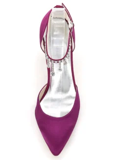 Chaussures de mariage à talons en satin unicolore avec strass ruban aux chevilles