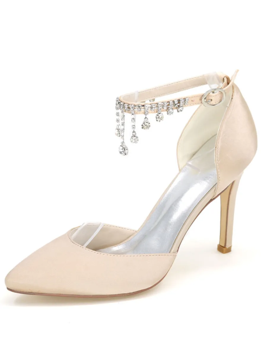 Chaussures de mariage à talons en satin unicolore avec strass ruban aux chevilles