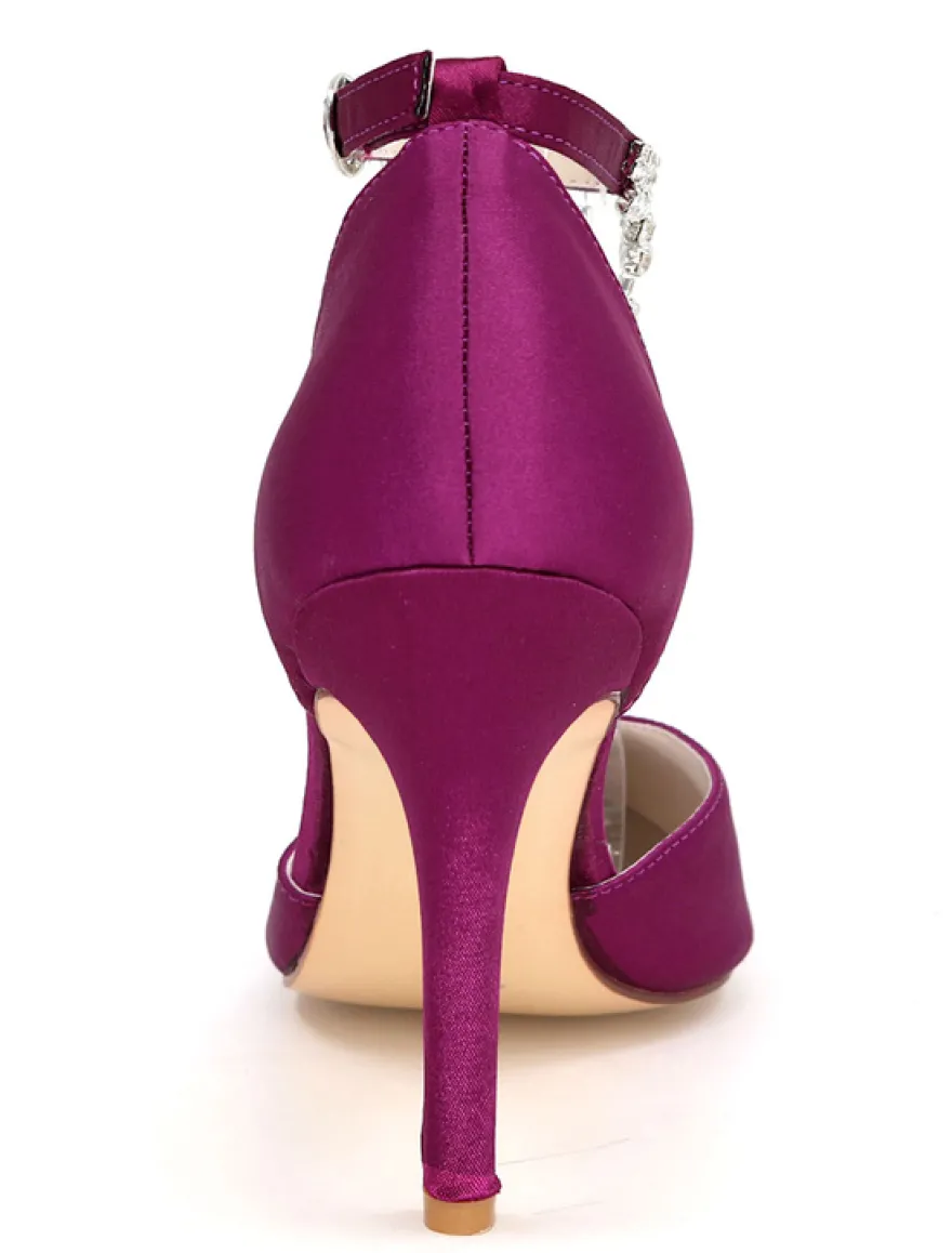 Chaussures de mariage à talons en satin unicolore avec strass ruban aux chevilles