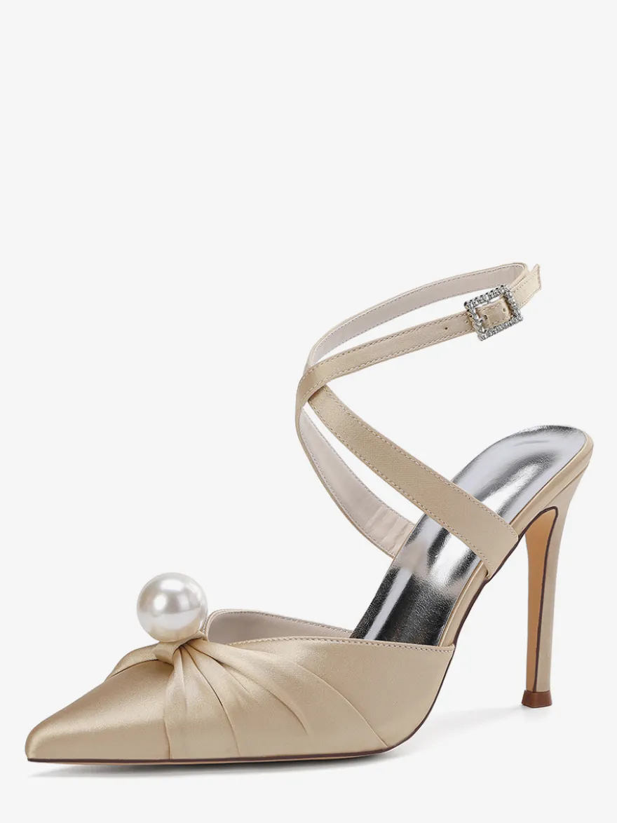 Chaussures de mariage à talons hauts en satin bout pointu perles escarpins à bride arrière