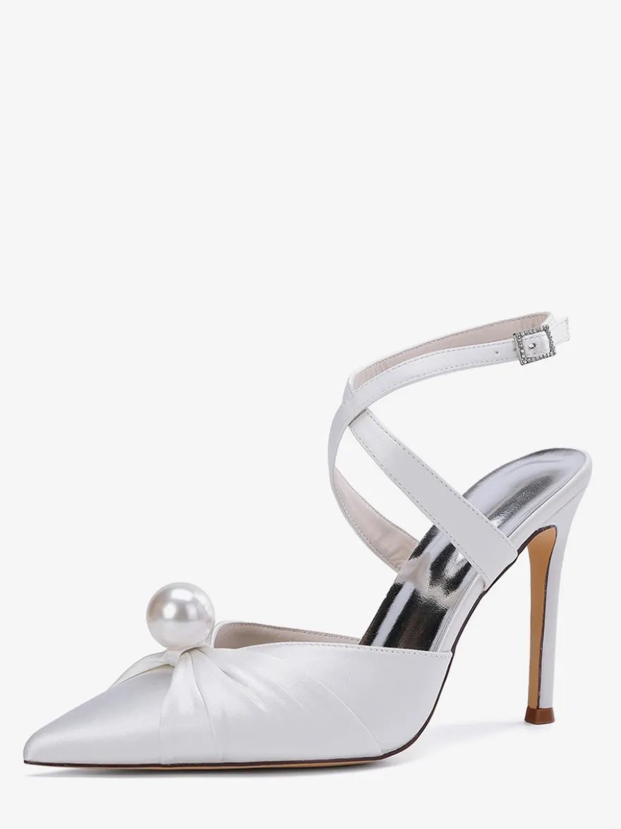 Chaussures de mariage à talons hauts en satin bout pointu perles escarpins à bride arrière